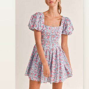 Mable Floral Puff Sleeve Mini Dress‎ Size L Cotton Coquette Cottagecore